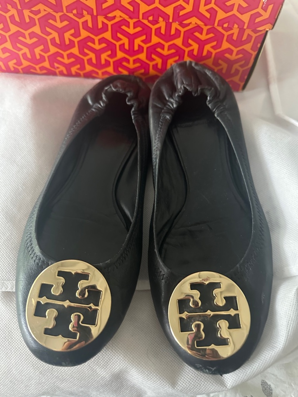 Tory Burch Black Leather Ballet Flats with Gold Logo Medallion